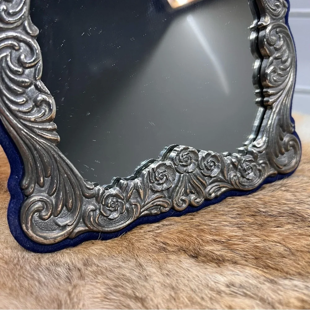 Vintage Victorian Style Repousse Ornate Silver Plated Mirror Frame Velvet Back